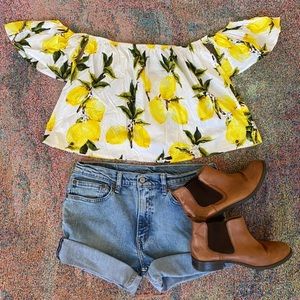 Boho off shoulder lemon print printed blouse top